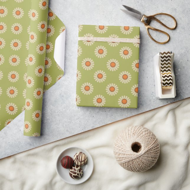 Cream and Orange Daisies on Avocado Green Pattern Wrapping Paper (Crafts)