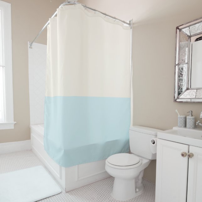 Cream and Pale Light Blue Shower Curtain (In Situ)