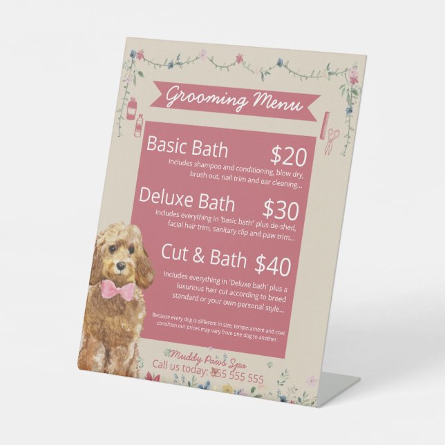 Cream and Pink Floral Dog Grooming Services Menu  Pedestal Sign (Front)