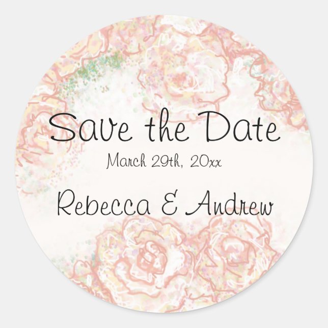 Cream and Pink Roses Save the Date Sticker (Front)