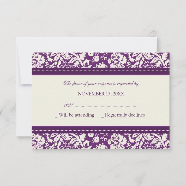 Cream and Plum Damask RSVP Wedding Card (Front)