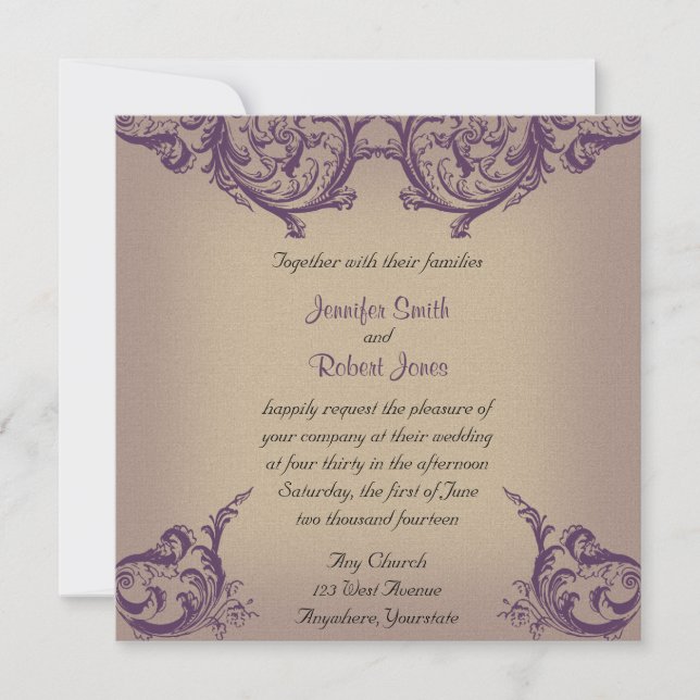 Cream and Purple Vintage Scroll Wedding Invitation (Front)