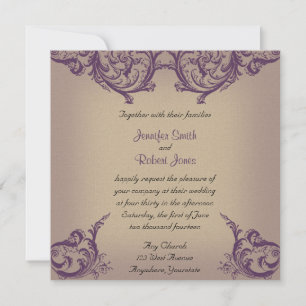 Cream and Purple Vintage Scroll Wedding Invitation