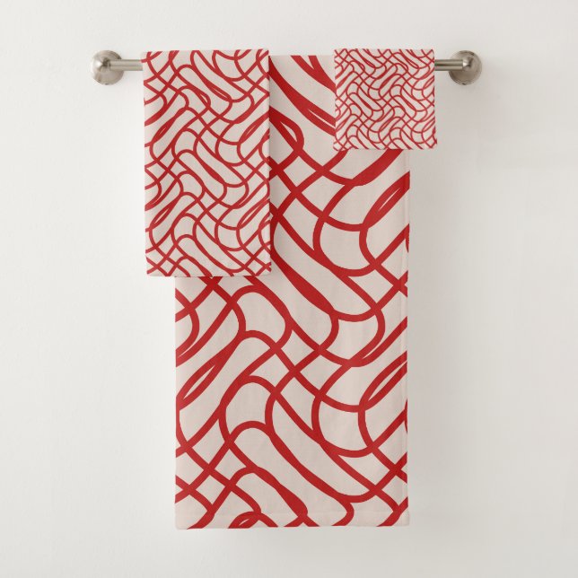 Cream And Red Abstract Line Pattern Bath Towel Set (Insitu)