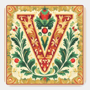 Cream and Red Christmas Letter V with Greenery Square Sticker