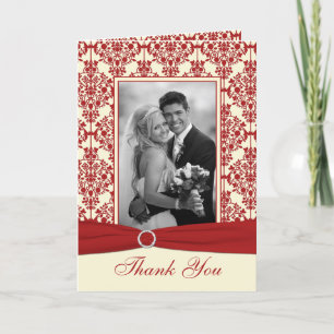 Cream and Red Damask Thank You Card with Photo