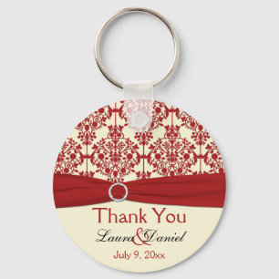Cream and Red Damask Thank You Keychain