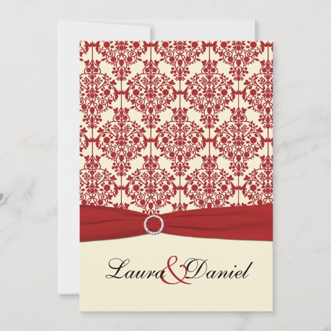 Cream and Red Damask Wedding Invitation (Front)