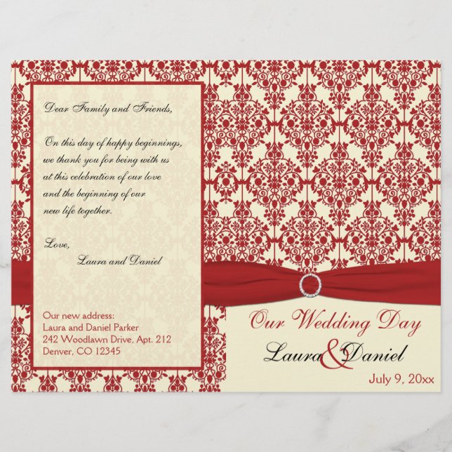 Cream and Red Damask Wedding Program (Front)