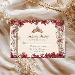 Cream and Red Golden Tiara Floral Quinceañera RSVP Card