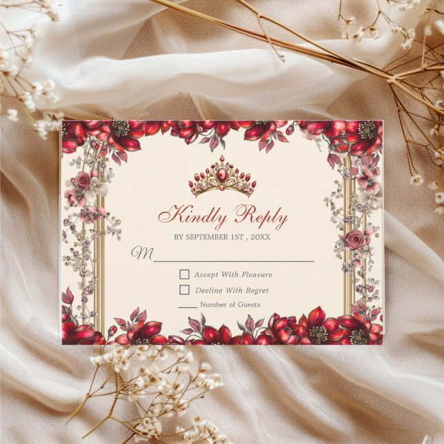 Cream and Red Golden Tiara Floral Quinceañera RSVP Card (Creator Uploaded)