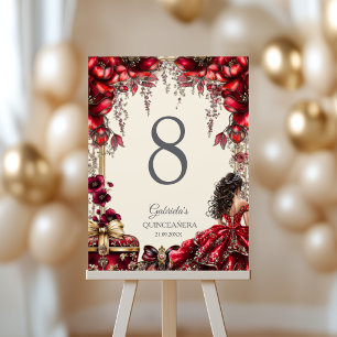 Cream and Red Golden Tiara Floral Quinceañera  Table Number