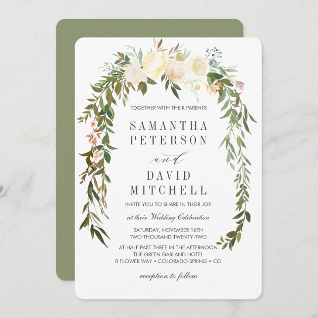 Cream and Sage | Botanical Garland Floral Wedding Invitation (Front/Back)