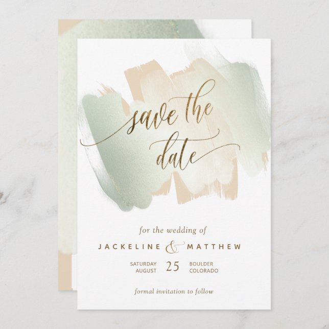 Cream and Sage Brush Strokes, Minimal Wedding Save Save The Date (Front/Back)