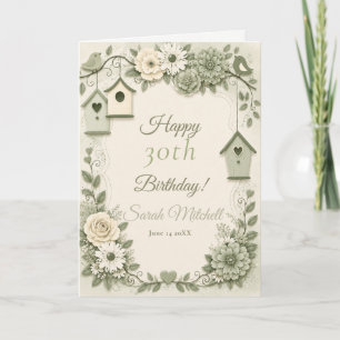 Cream and Sage Green Birthday Party Birthday Party Card