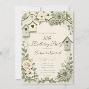 Cream and Sage Green Birthday Party Invitation