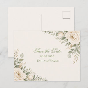 Cream and Sage Green Greenery Save The Date Announcement Postcard