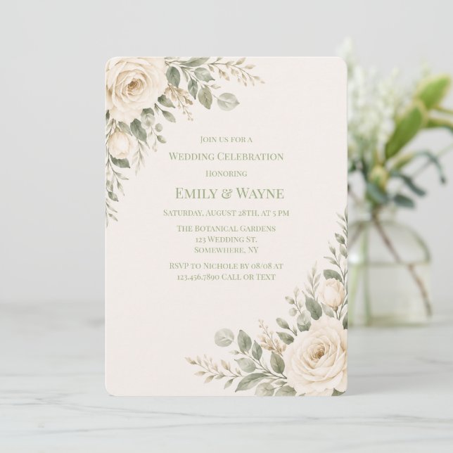 Cream and Sage Green Greenery Wedding Invitation (Standing Front)