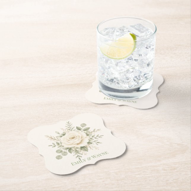Cream and Sage Green Greenery Wedding Paper Coaster (Insitu)