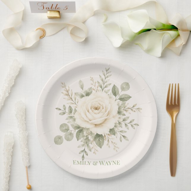 Cream and Sage Green Greenery Wedding Paper Plate (Wedding)
