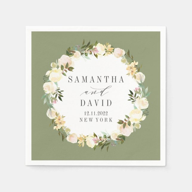 Cream and Sage Wedding floral personalised Napkin (Front)