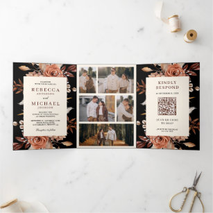 Cream and Terracotta Floral QR Code Black Wedding Tri-Fold Invitation