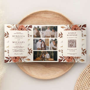 Cream and Terracotta Floral QR Code Wedding Tri-Fold Invitation