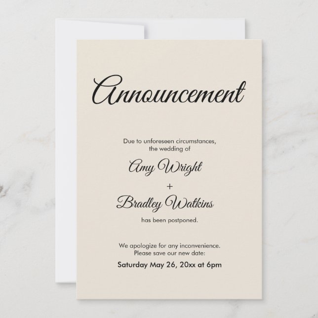 Cream Announcement Postponed Wedding Card (Front)