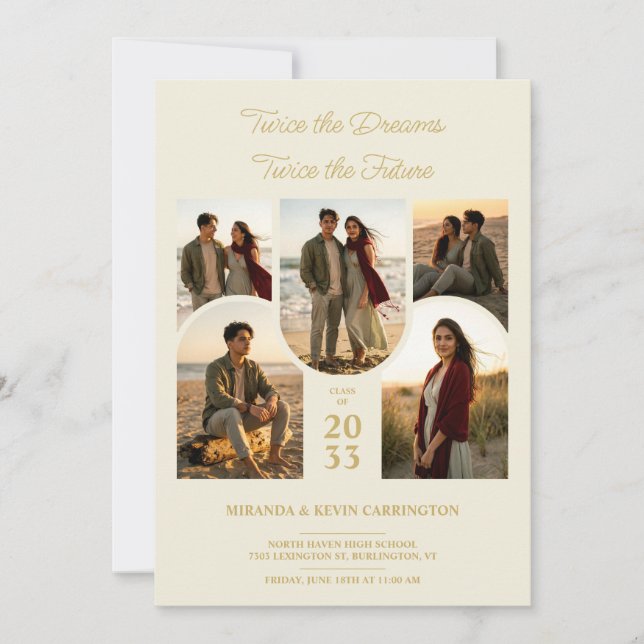 Cream Arched Collage Double Grads Twins TMF26 Invitation (Front)