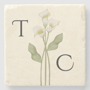 Cream Art Nouveau Lily Monogram Wedding Stone Coaster