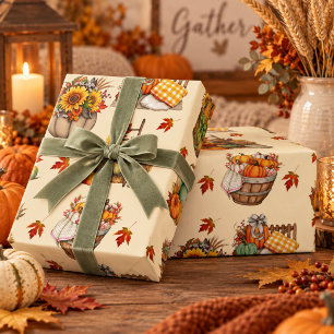 Cream Autumn Harvest Pumpkin Sunflower Wrapping Paper