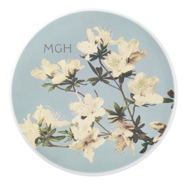 Cream Azalea Flowers Monogram Ceramic Knob (Front)