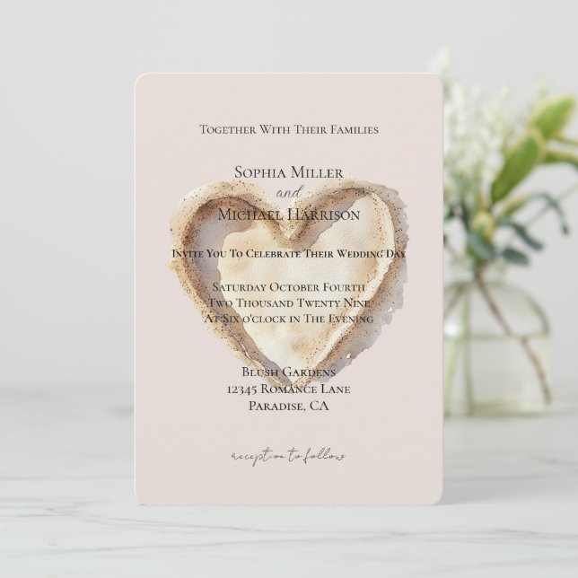 Cream Beach Heart In The Sand Wedding Invitation (Standing Front)