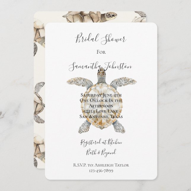Cream Beach Sea Turtles Bridal Shower Invitation (Front/Back)