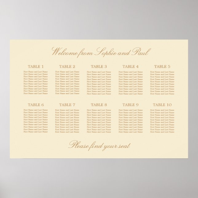 Cream Beige 10 Table Wedding Seating Chart Poster (Front)