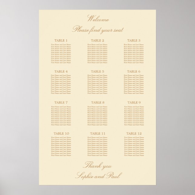 Cream Beige 12 Table Wedding Seating Chart Poster (Front)