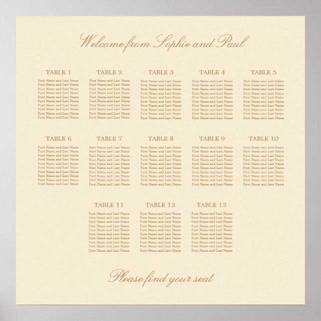 Cream Beige 13 Table Wedding Seating Chart Poster (Front)