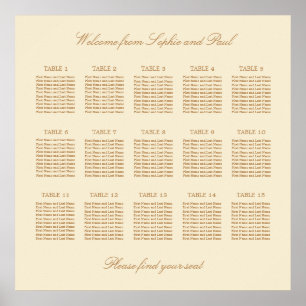 Cream Beige 15 Table Wedding Seating Chart Poster