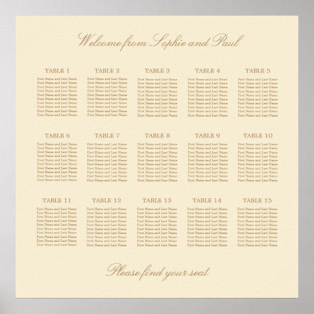 Cream Beige 15 Table Wedding Seating Chart Poster (Front)