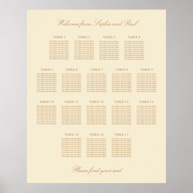 Cream Beige 17 Table Wedding Seating Chart Poster (Front)