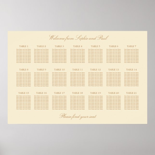 Cream Beige 21 Table Wedding Seating Chart Poster (Front)
