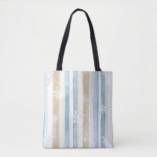 Cream Beige Blue Christmas Snowflakes Stripes Tote Bag