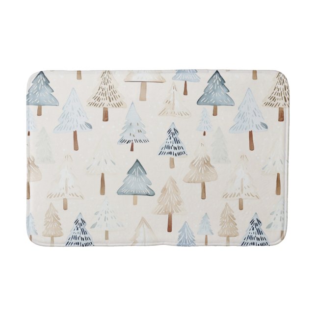 Cream Beige Blue Christmas Trees Bath Mat (Front)