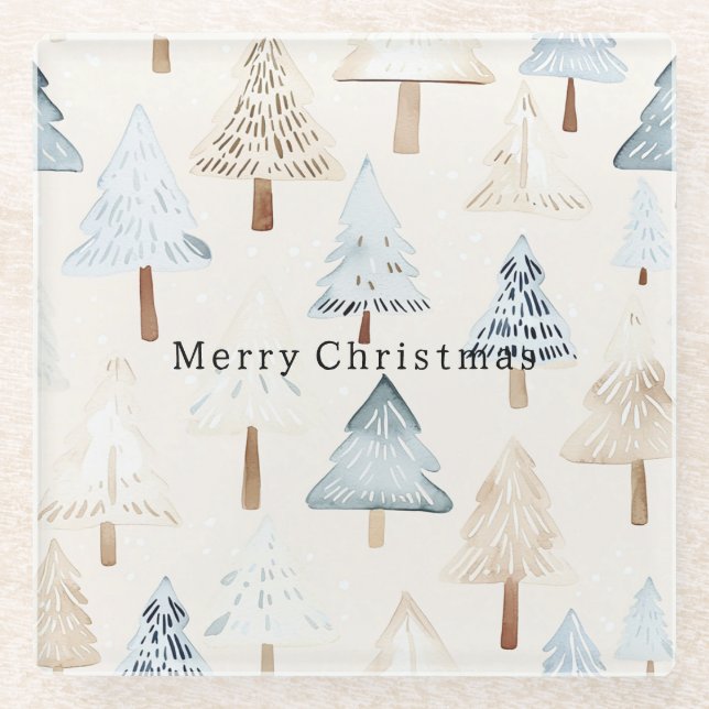 Cream Beige Blue Christmas Trees Glass Coaster (Front)