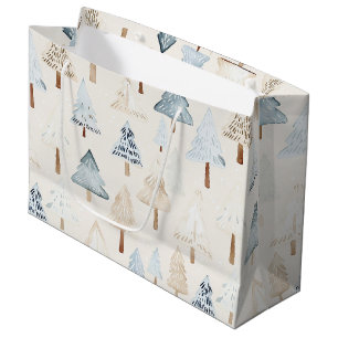 Cream Beige Blue Christmas Trees Large Gift Bag
