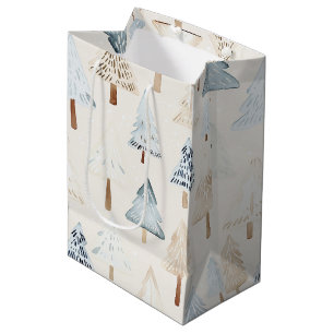 Cream Beige Blue Christmas Trees Medium Gift Bag