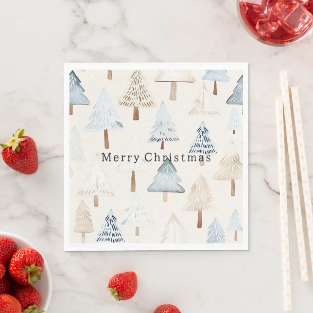 Cream Beige Blue Christmas Trees Napkin (Insitu)