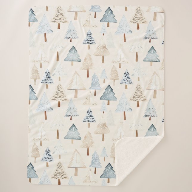 Cream Beige Blue Christmas Trees Sherpa Blanket (Front)