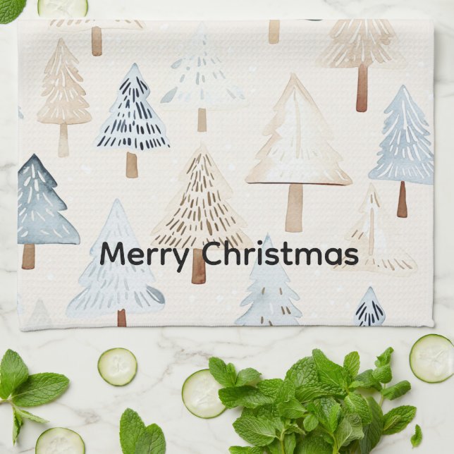 Cream Beige Blue Christmas Trees Tea Towel (Folded)