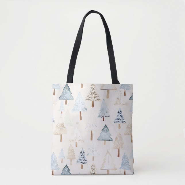 Cream Beige Blue Christmas Trees Tote Bag (Front)